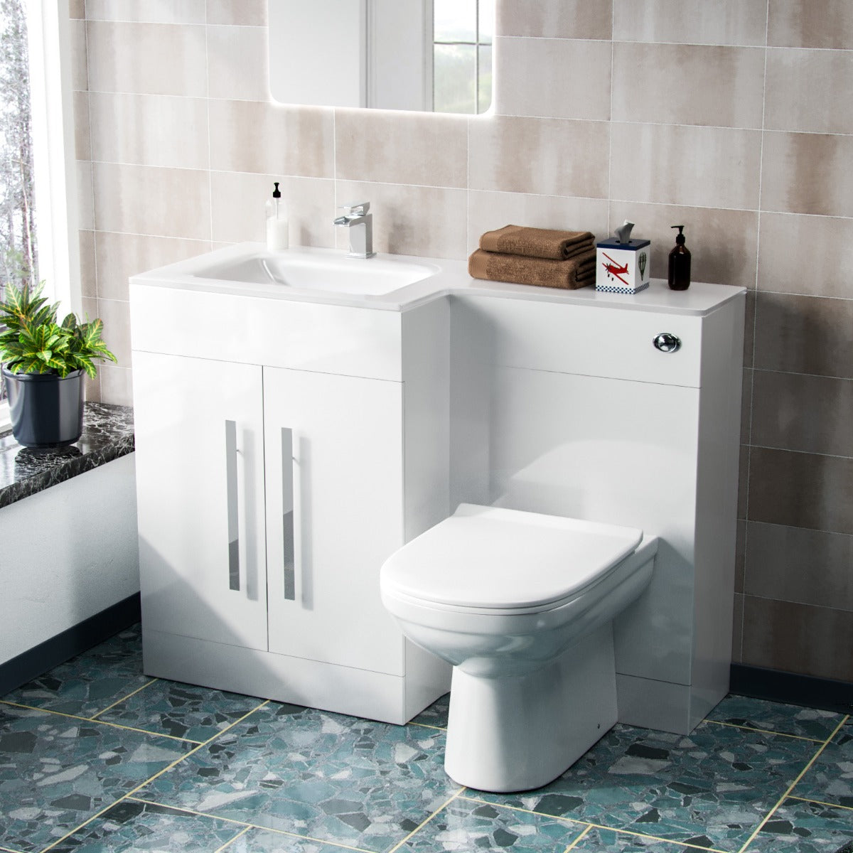 Aric LH 1100mm Flat Pack Vanity Basin Unit, WC Unit & Elso Back to Wall Toilet White