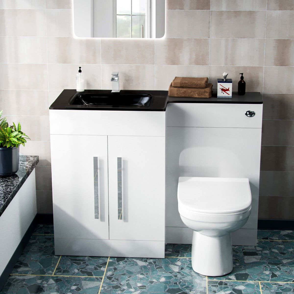 Aric 1100mm Vanity Basin Unit, WC Unit & Elso Back to Wall Toilet White with Black Basin