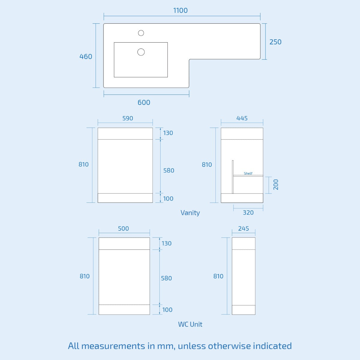 Aric LH 1100mm Flat Pack Vanity Basin Unit, WC Unit & Elso Back To Wall Toilet Grey