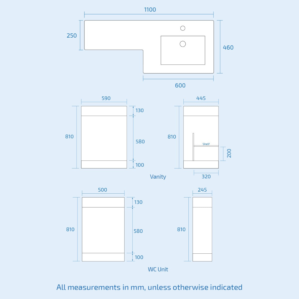 Aric RH 1100mm Vanity Basin Unit, WC Unit & Debra Back To Wall Toilet White