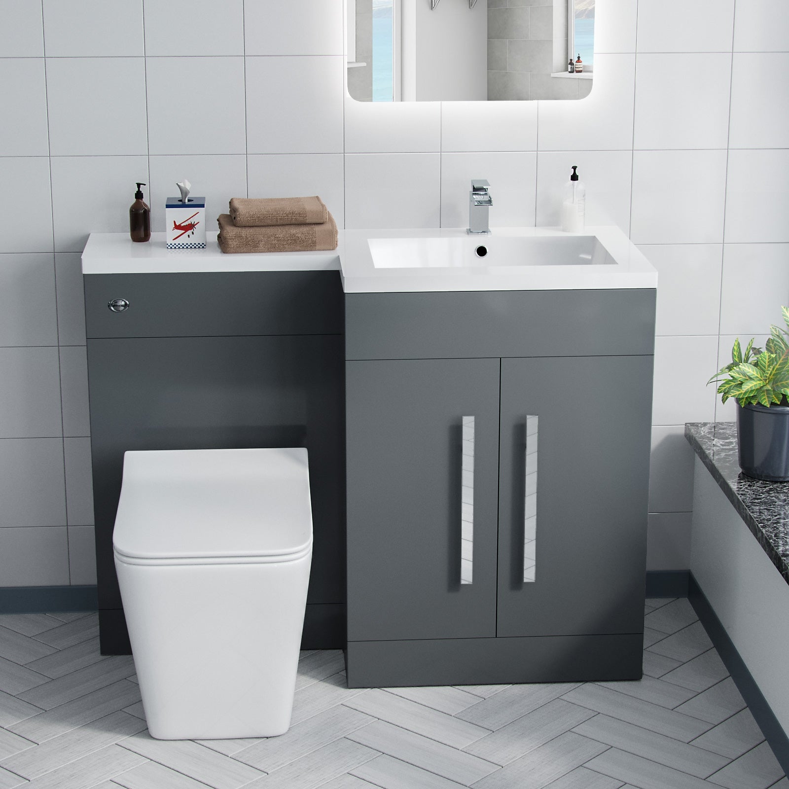 Aric RH 1100mm Vanity Basin Unit, WC Unit & Elora Back To Wall Toilet Grey