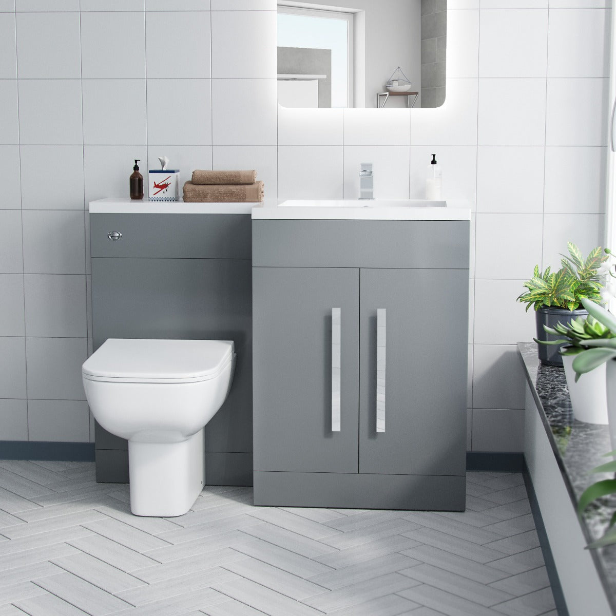 Aric RH 1100mm Flat Pack Vanity Basin Unit, WC Unit & Debra Back To Wall Toilet Grey