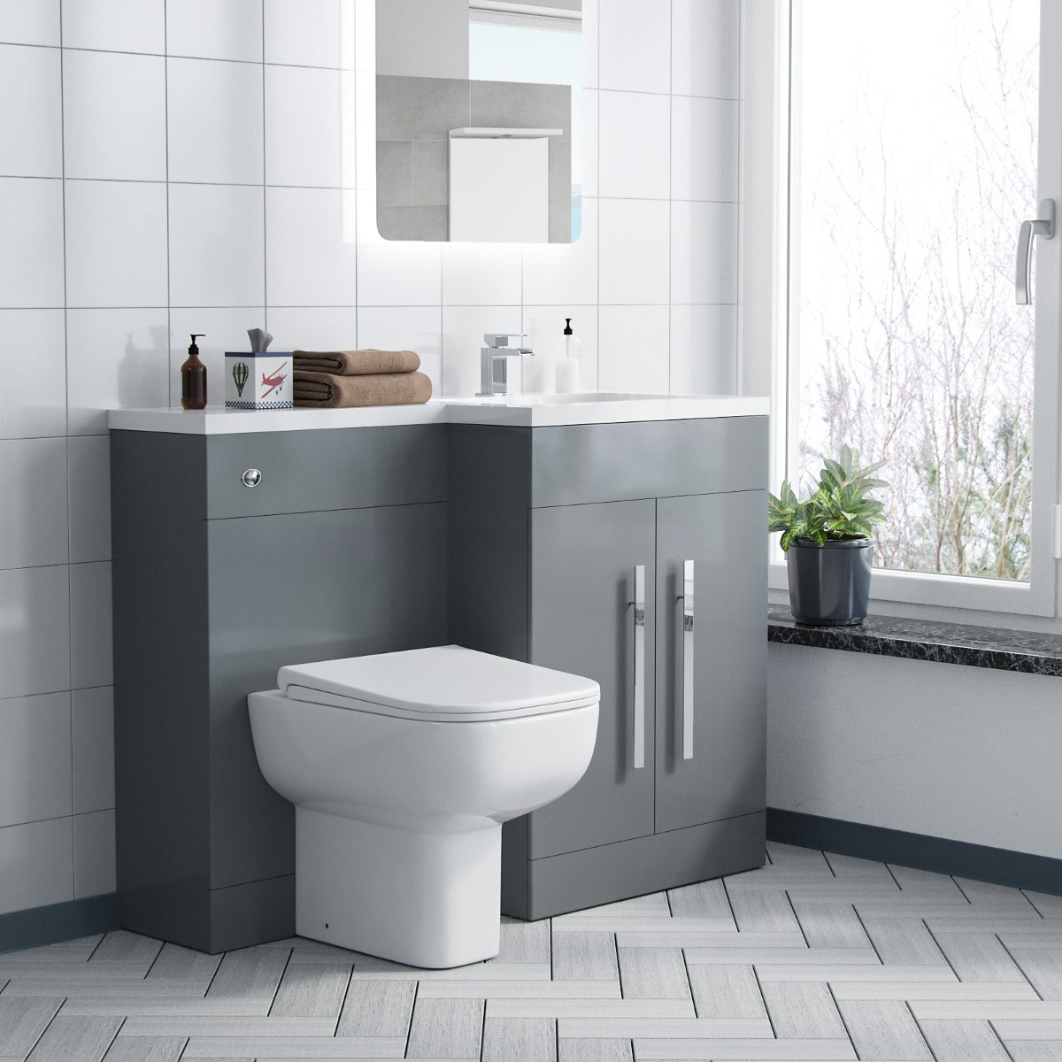 Aric RH 1100mm Flat Pack Vanity Basin Unit, WC Unit & Debra Back To Wall Toilet Grey