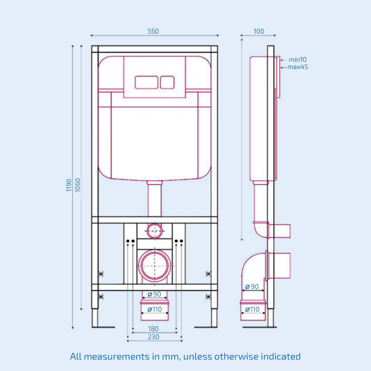 Kartell 1.12m WC Concealed Cistern and in Wall Frame System with Dual Flush