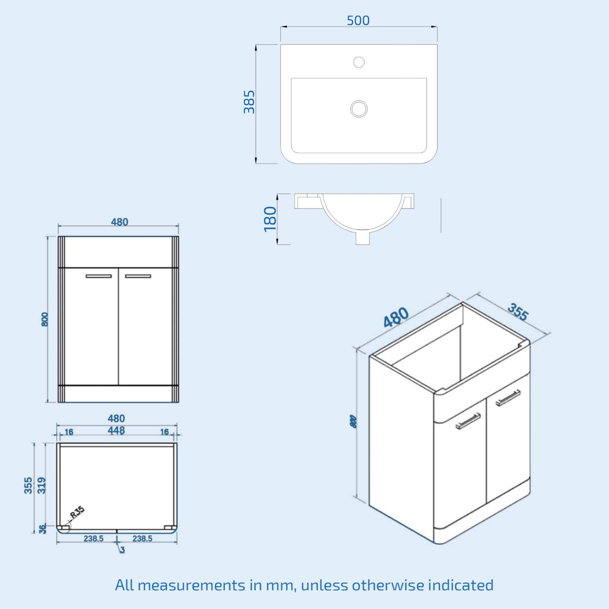 Afern 500mm Floorstanding Vanity Basin Unit & Rimless Close Coupled Toilet White