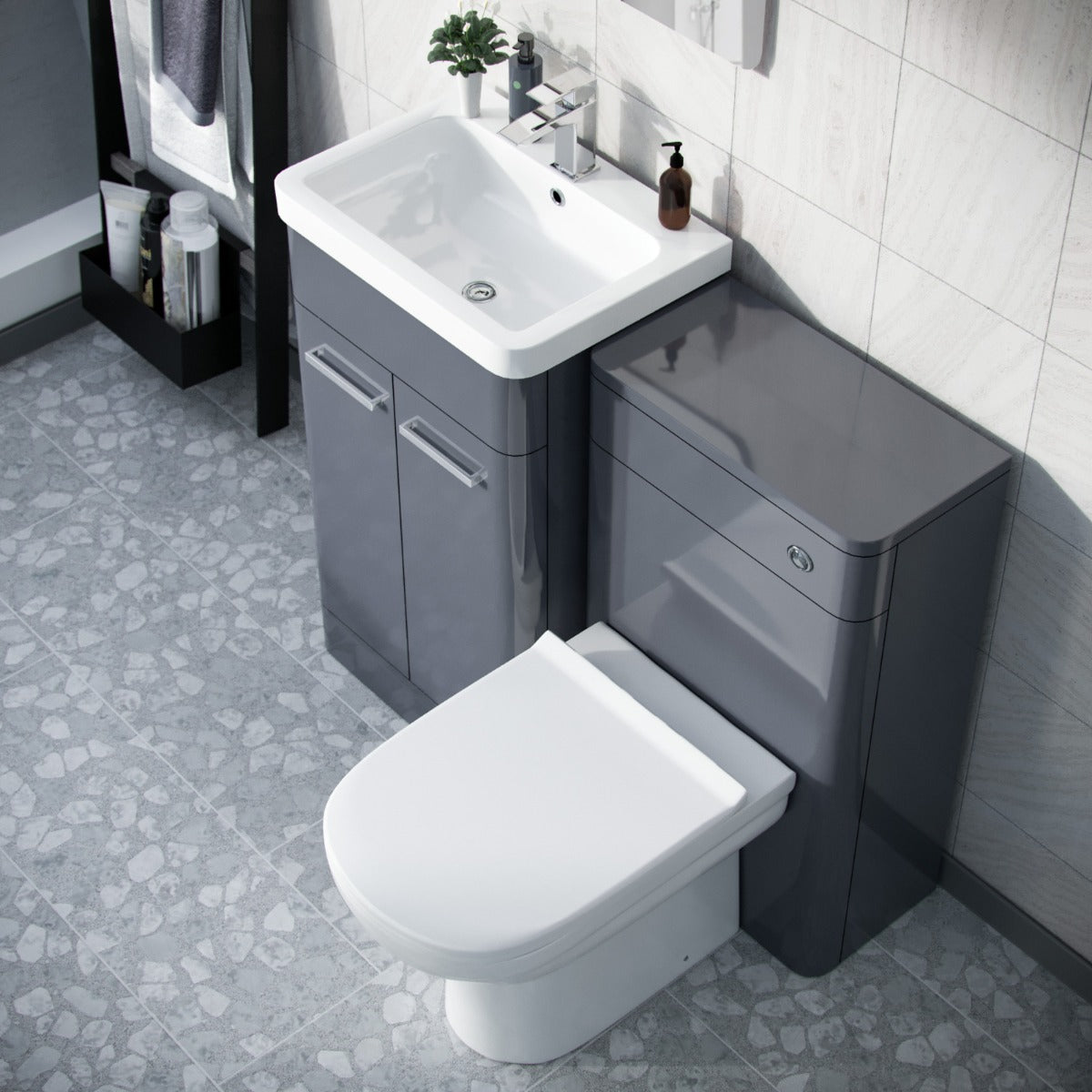 Afern 500mm Vanity Basin Unit, WC Unit & Elso Back to Wall Toilet Steel Grey