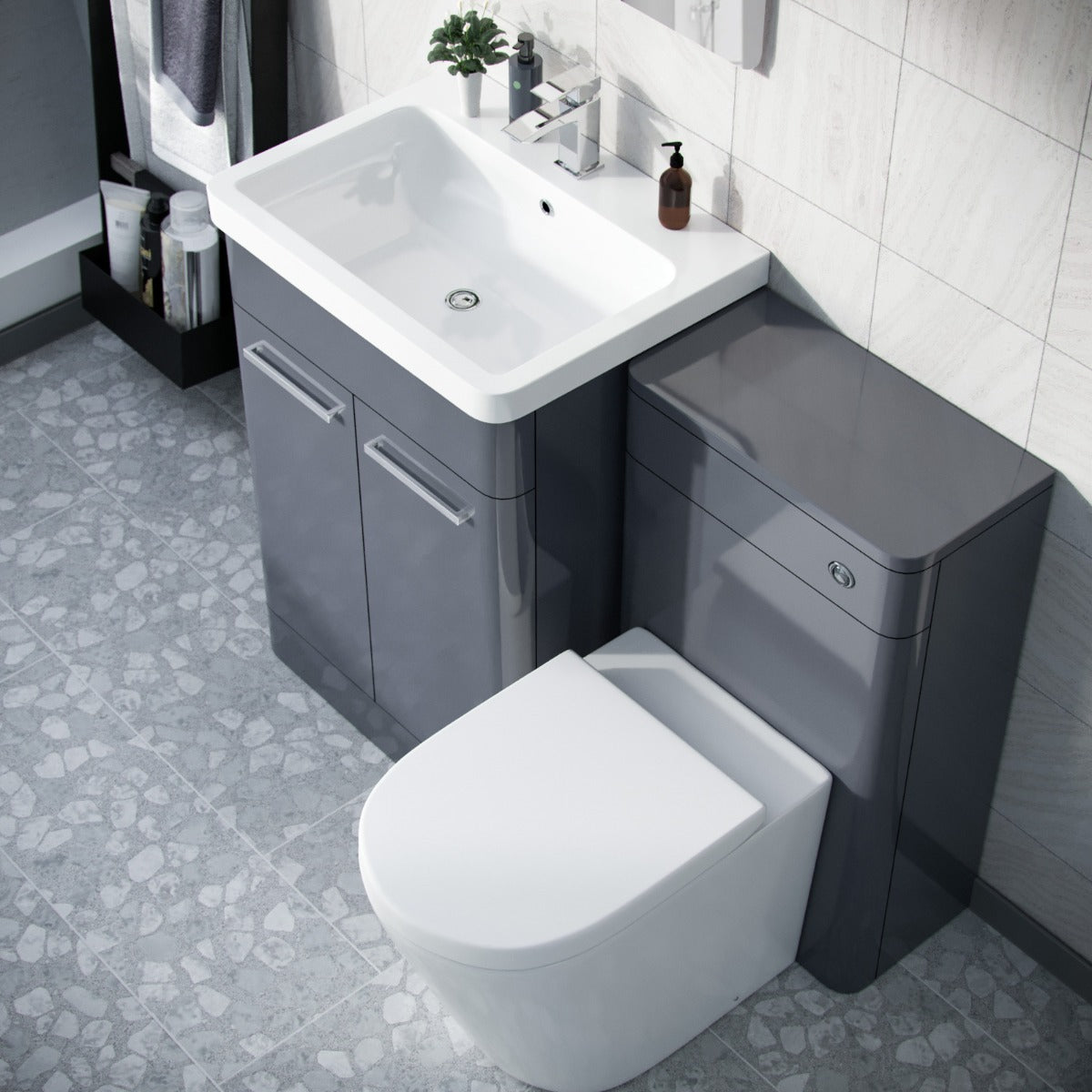 Afern 600mm Vanity Basin Unit, WC Unit & Round Back to Wall Toilet Steel Grey