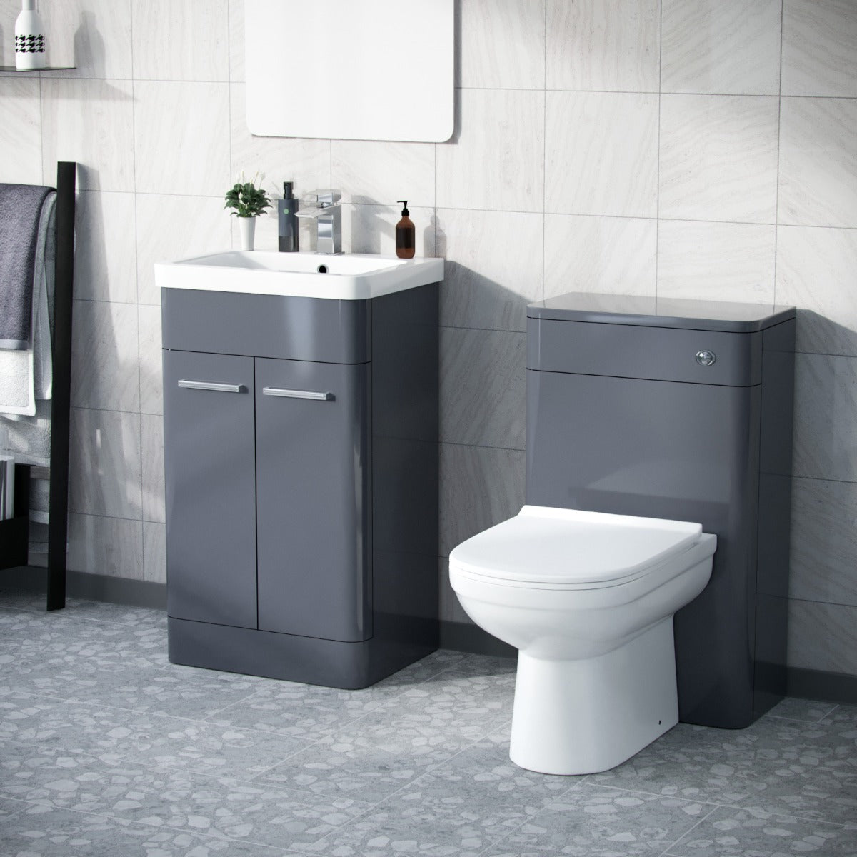 Afern 500mm Vanity Basin Unit, WC Unit & Elso Back to Wall Toilet Steel Grey