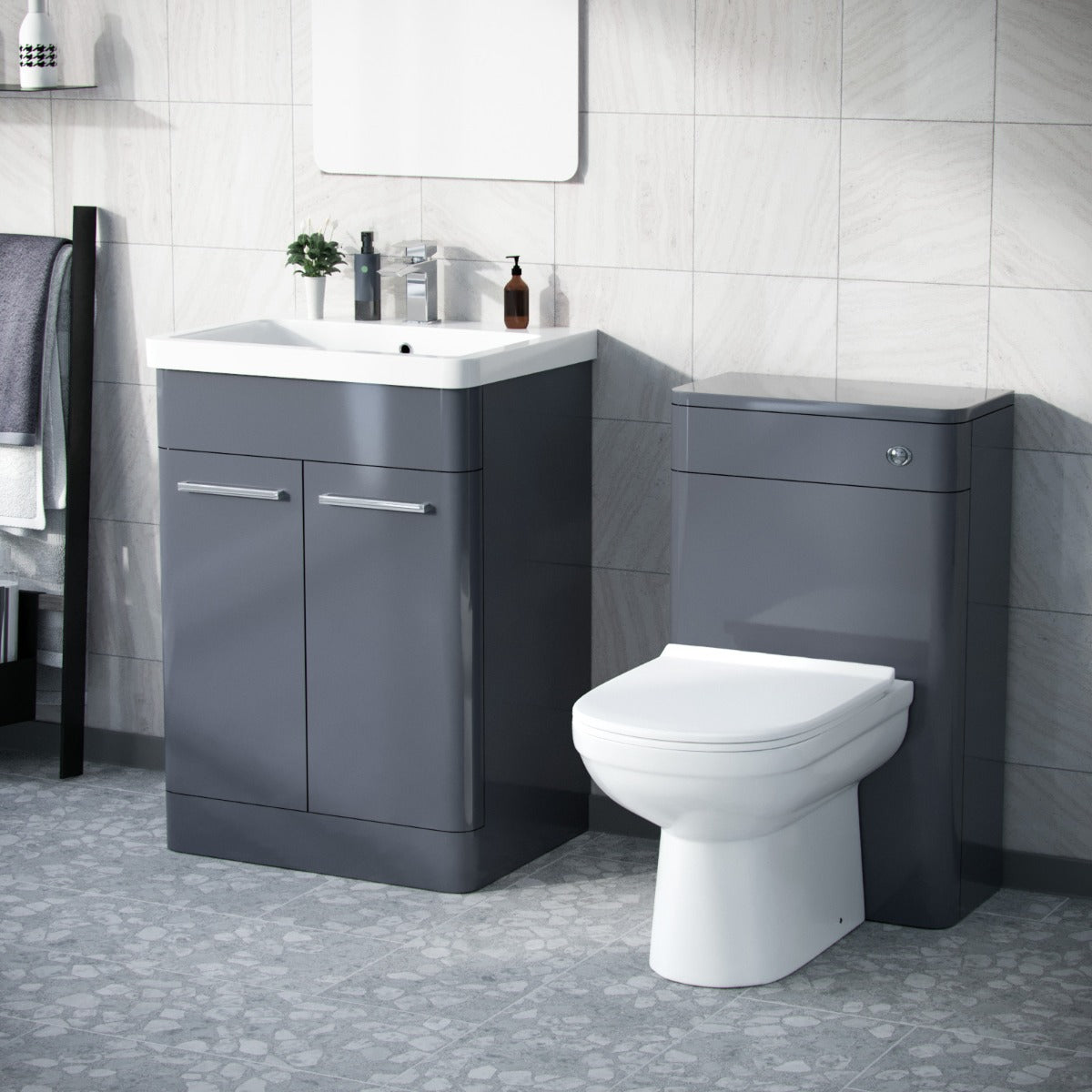 Afern 1100mm Freestanding Basin Vanity Unit, WC Unit & BTW Toilet Steel Grey