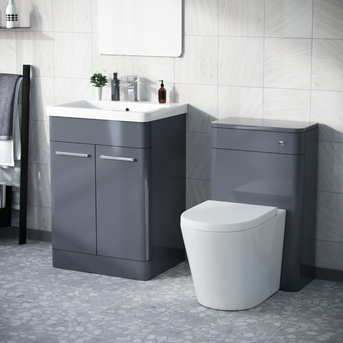 Afern 600mm Vanity Basin Unit, WC Unit & Round Back to Wall Toilet Steel Grey