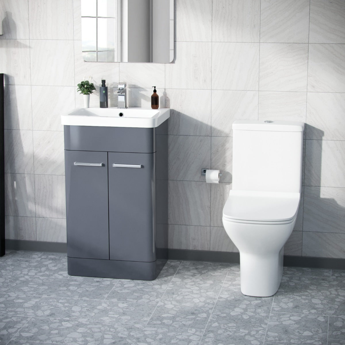 Afern 500mm Floorstanding Vanity Basin Unit & Rimless Close Coupled Toilet Steel Grey