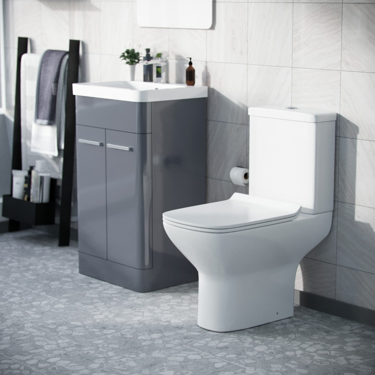 Afern 500mm Floorstanding Vanity Basin Unit & Rimless Close Coupled Toilet Steel Grey