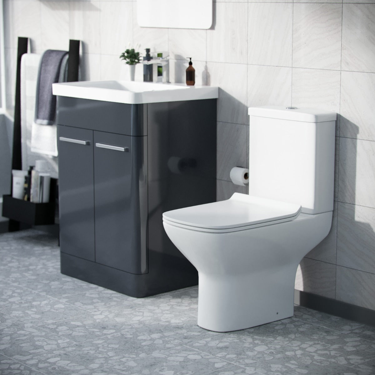 Afern 600mm Floorstanding Vanity Basin Unit & Rimless Close Coupled Toilet Anthracite