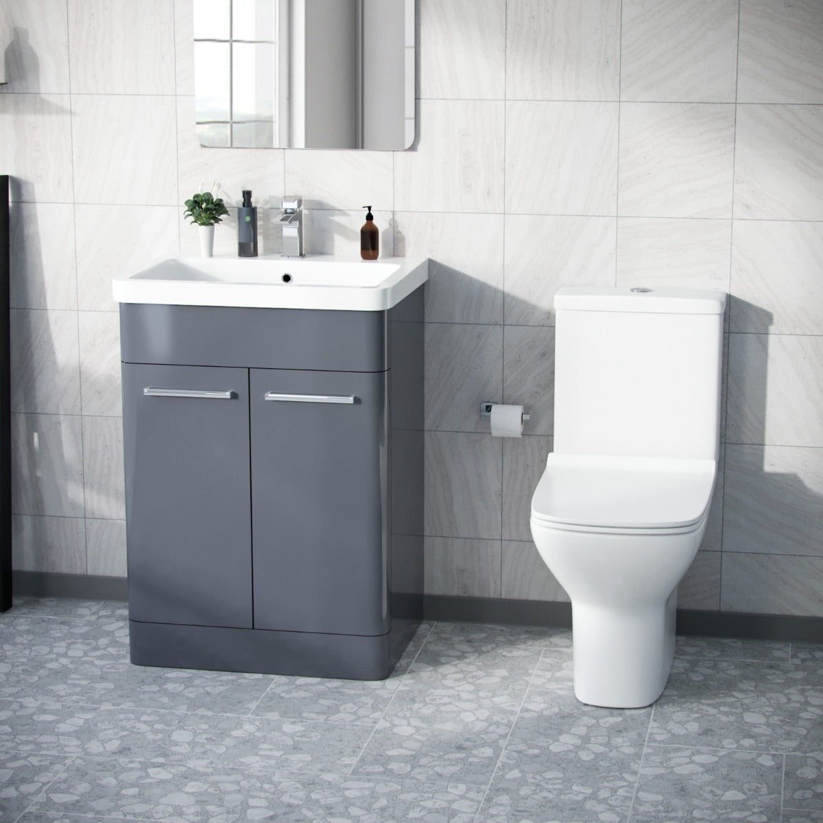 Afern 600mm Floorstanding Vanity Basin Unit & Rimless Close Coupled Toilet Steel Grey