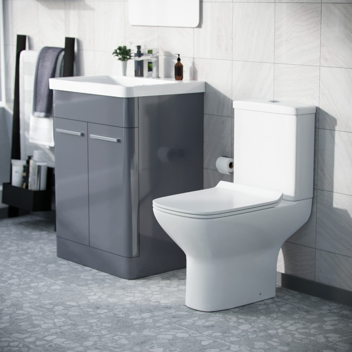 Afern 600mm Floorstanding Vanity Basin Unit & Rimless Close Coupled Toilet Steel Grey