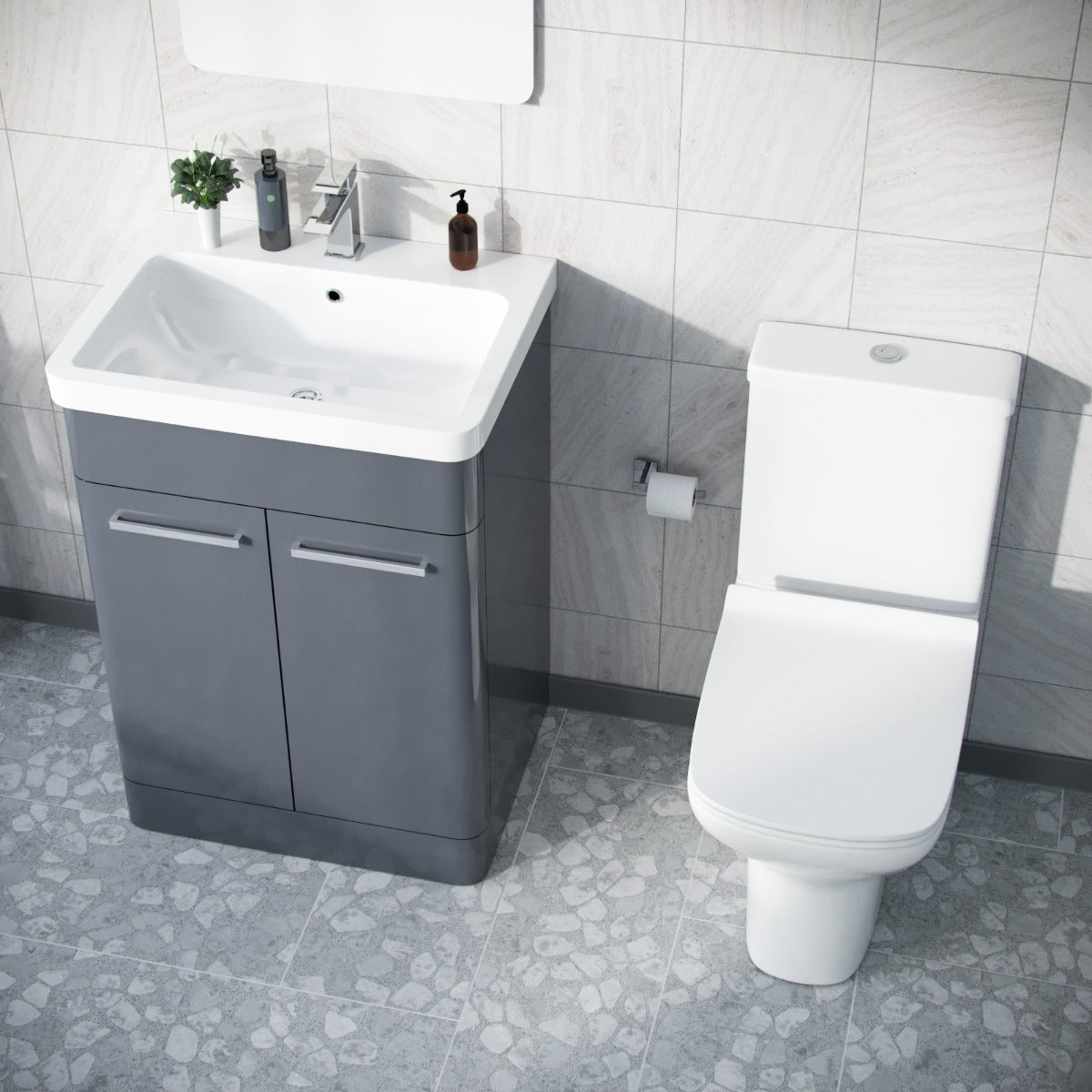 Afern 600mm Floorstanding Vanity Basin Unit & Rimless Close Coupled Toilet Steel Grey