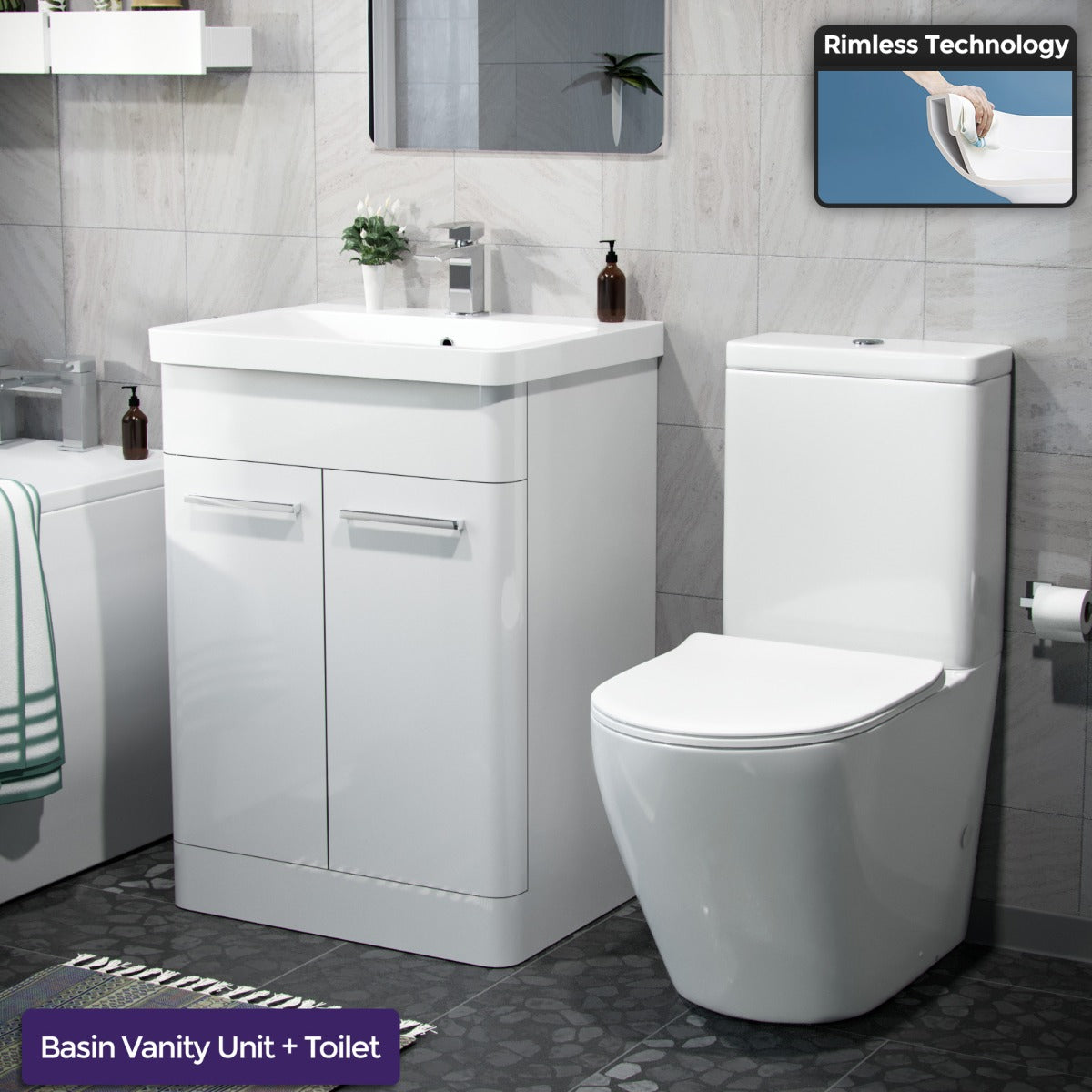 Afern 600mm Freestanding Vanity Unit, Curved Rimless Close Coupled Toilet White