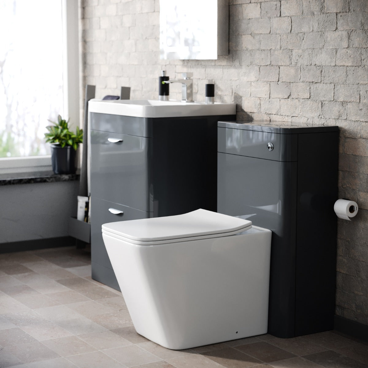 Wyke 600mm Floor Standing 2 Drawer Vanity Basin, WC Unit & BTW Rimless Toilet Grey