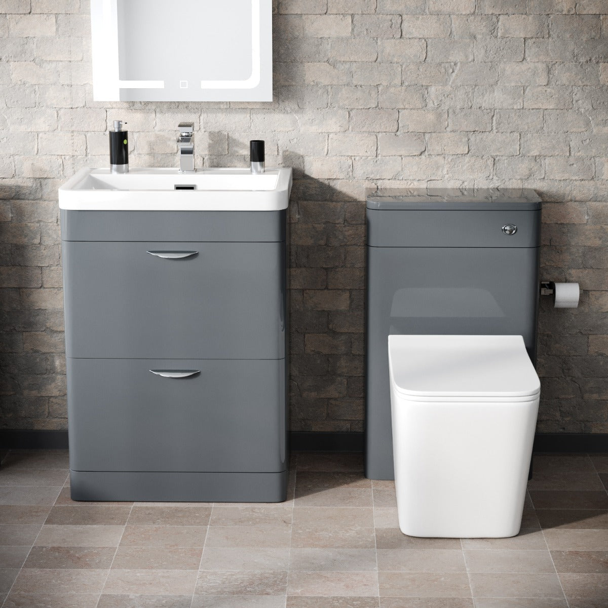 Wyke 600mm Floor Standing 2 Drawer Vanity Basin, WC Unit & BTW Rimless Toilet Grey