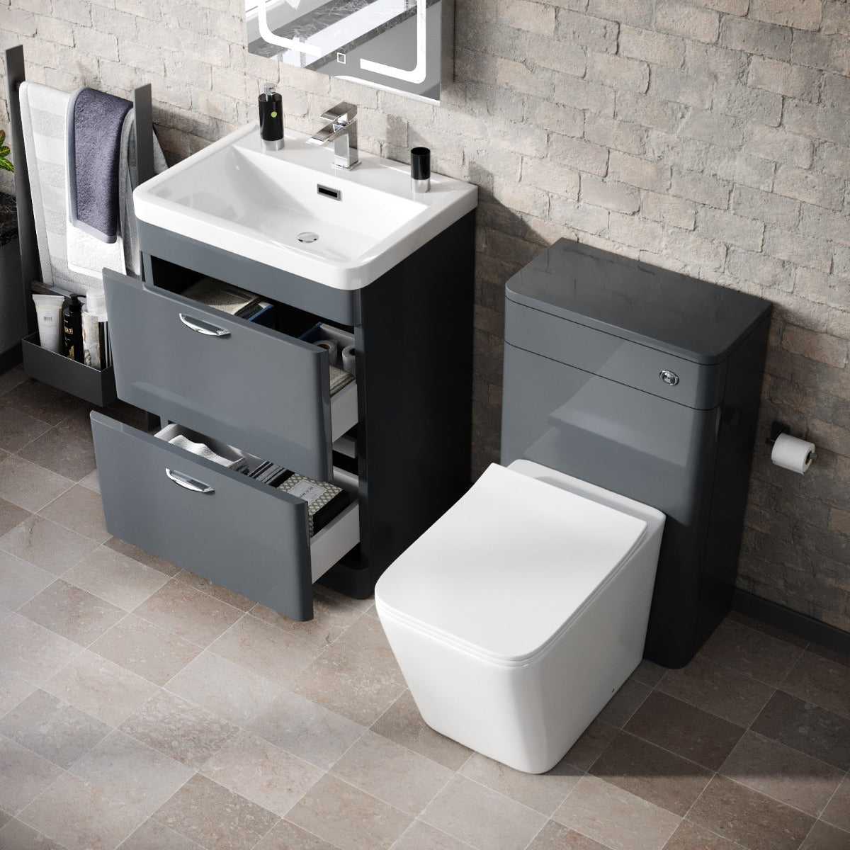 Wyke 600mm Floor Standing 2 Drawer Vanity Basin, WC Unit & BTW Rimless Toilet Grey