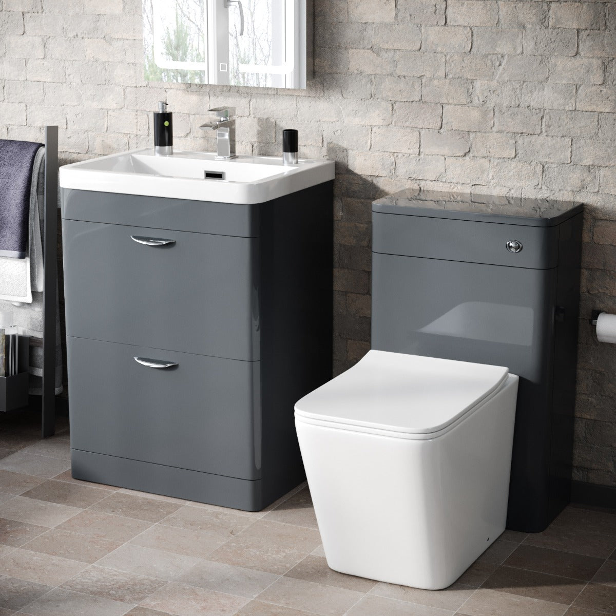 Wyke 600mm Floor Standing 2 Drawer Vanity Basin, WC Unit & BTW Rimless Toilet Grey