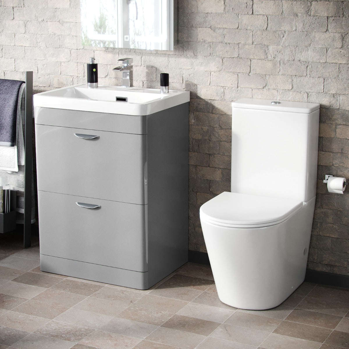 Wyke 600mm Floorstanding 2 Drawer Vanity And Curved Close Coupled Toilet Grey