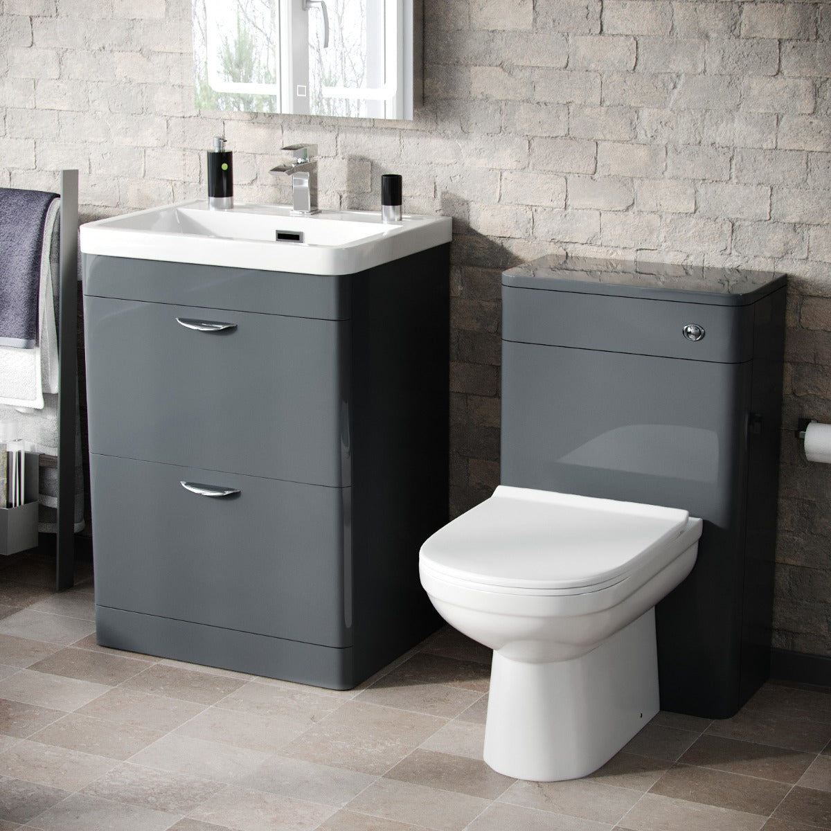 Wyke 600mm Floorstanding 2 Drawer Vanity, WC Unit & Modern BTW Toilet Dark Grey