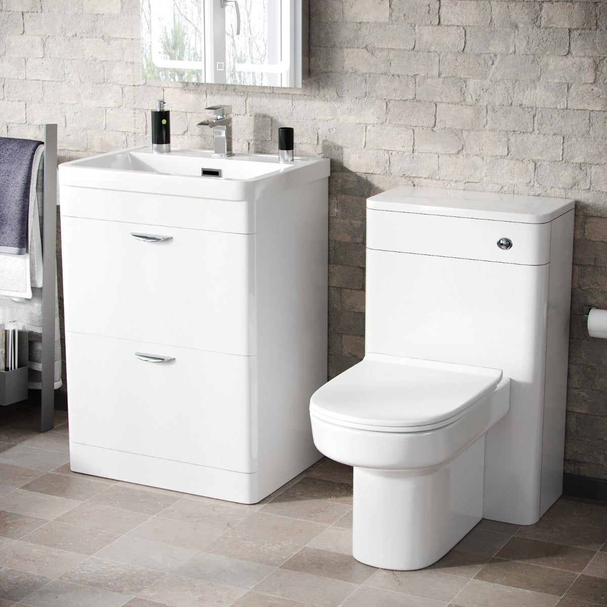 Wyke 600mm Floor Standing 2 Drawer Vanity, WC Unit & BTW D-Shape Toilet White