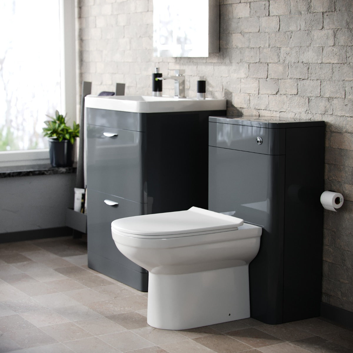 Wyke 600mm Floorstanding 2 Drawer Vanity, WC Unit & Modern BTW Toilet Dark Grey