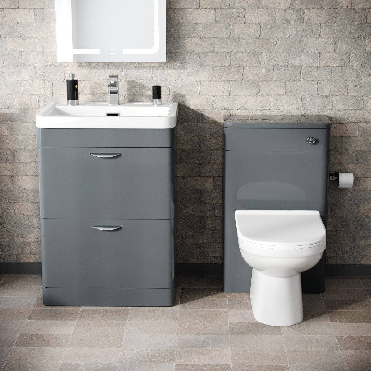 Wyke 600mm Floorstanding 2 Drawer Vanity, WC Unit & Modern BTW Toilet Dark Grey