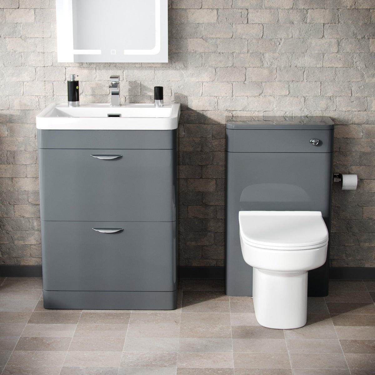 Wyke 600mm Floor Standing 2 Drawer Vanity, WC Unit & BTW D-Shape Toilet Dark Grey