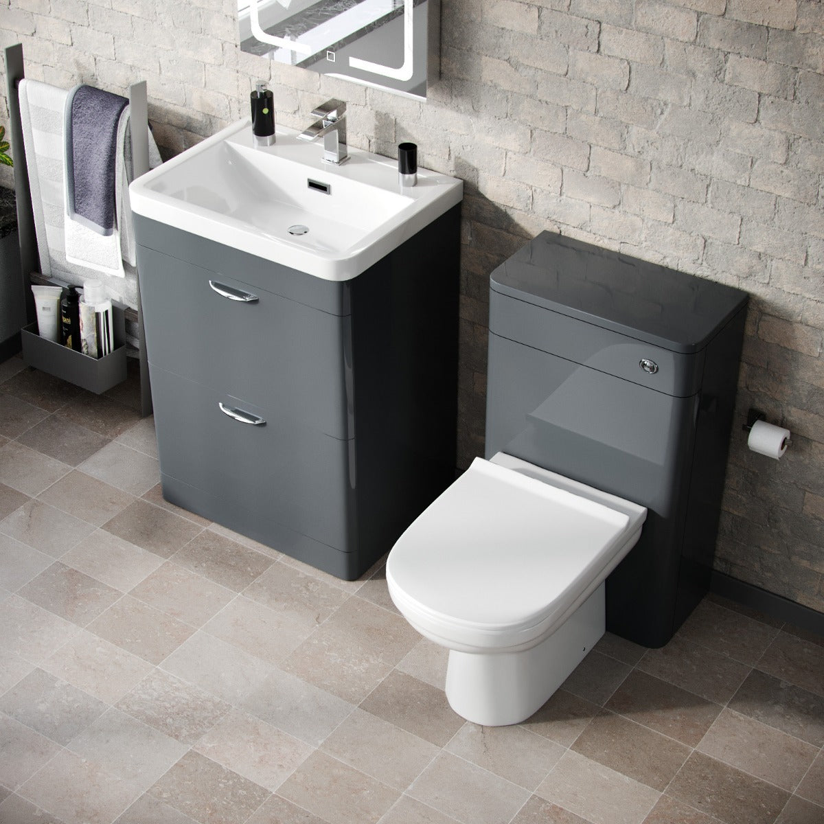 Wyke 600mm Floorstanding 2 Drawer Vanity, WC Unit & Modern BTW Toilet Dark Grey