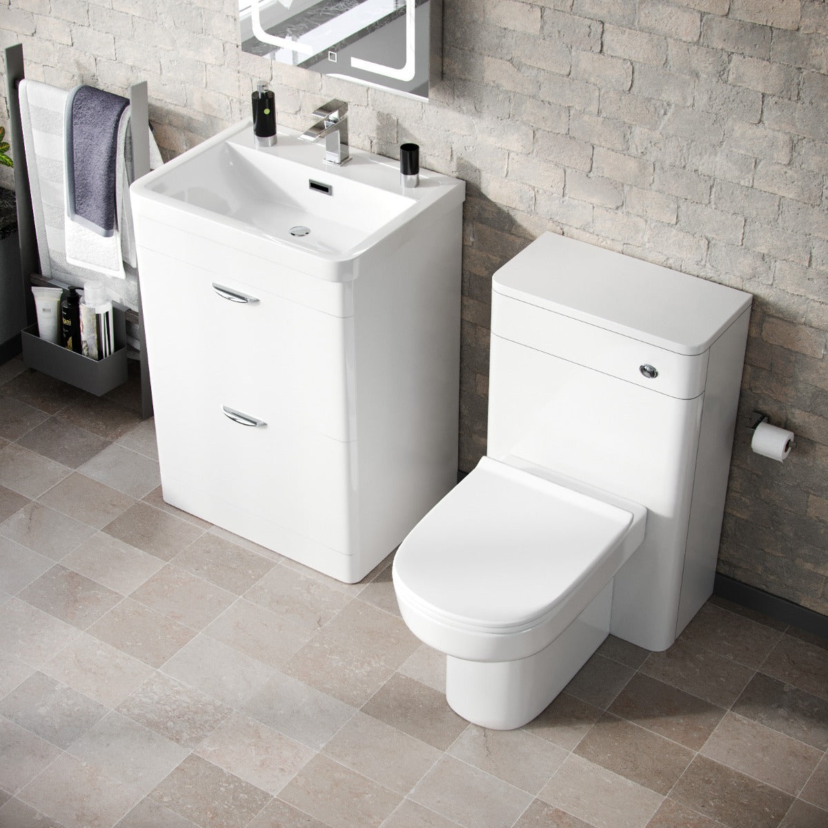 Wyke 600mm Floor Standing 2 Drawer Vanity, WC Unit & BTW D-Shape Toilet White