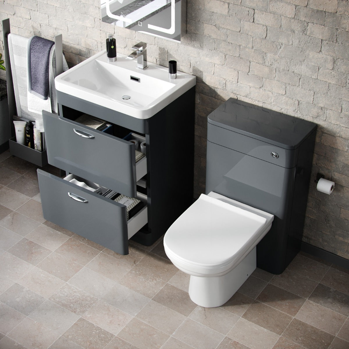 Wyke 600mm Floorstanding 2 Drawer Vanity, WC Unit & Modern BTW Toilet Dark Grey