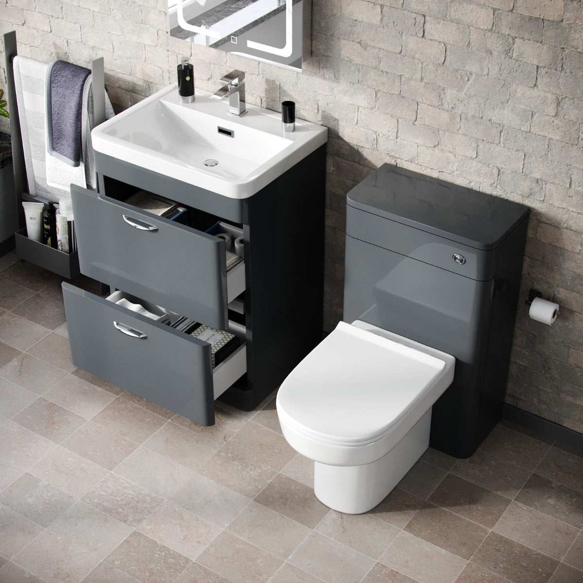 Wyke 600mm Floor Standing 2 Drawer Vanity, WC Unit & BTW D-Shape Toilet Dark Grey