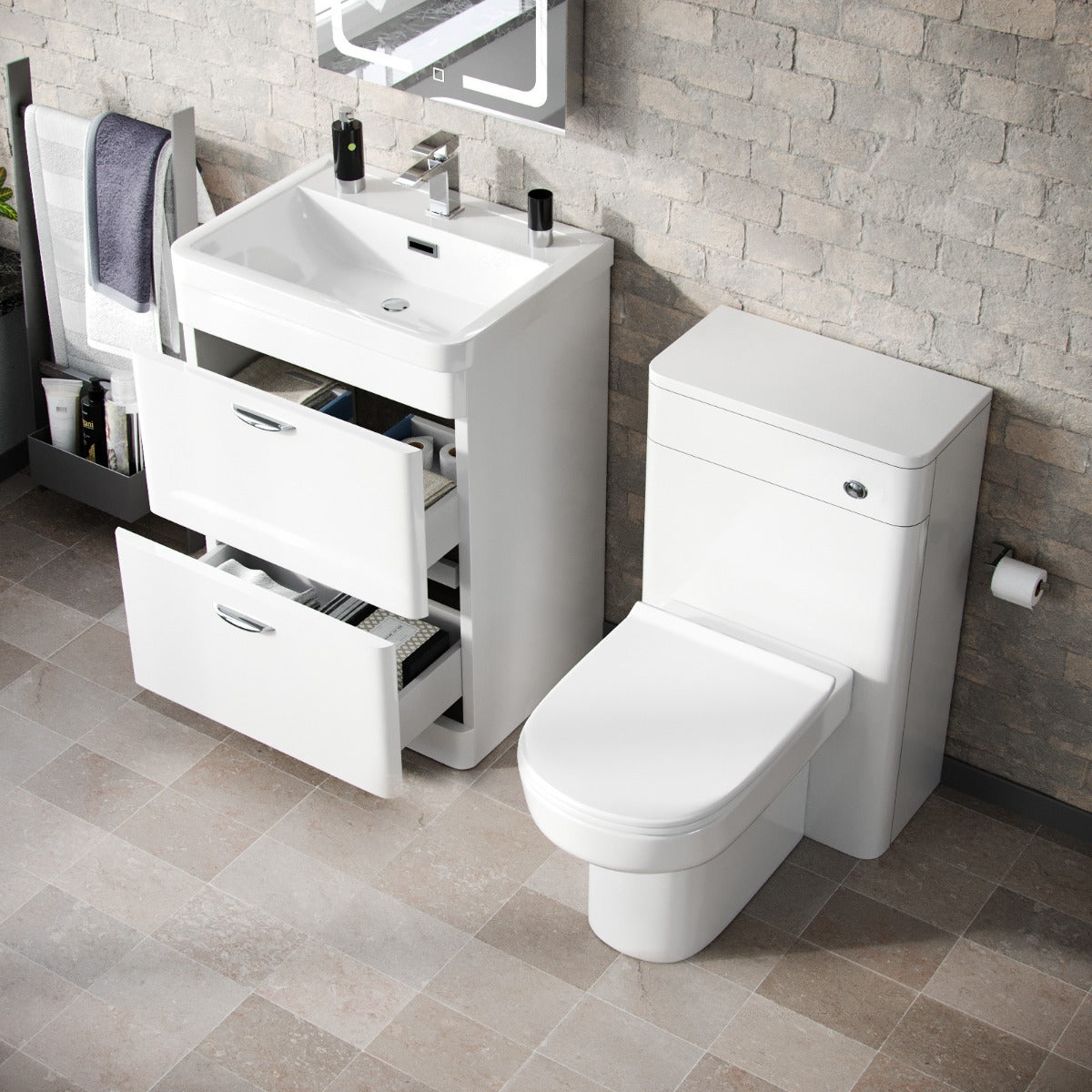 Wyke 600mm Floor Standing 2 Drawer Vanity, WC Unit & BTW D-Shape Toilet White