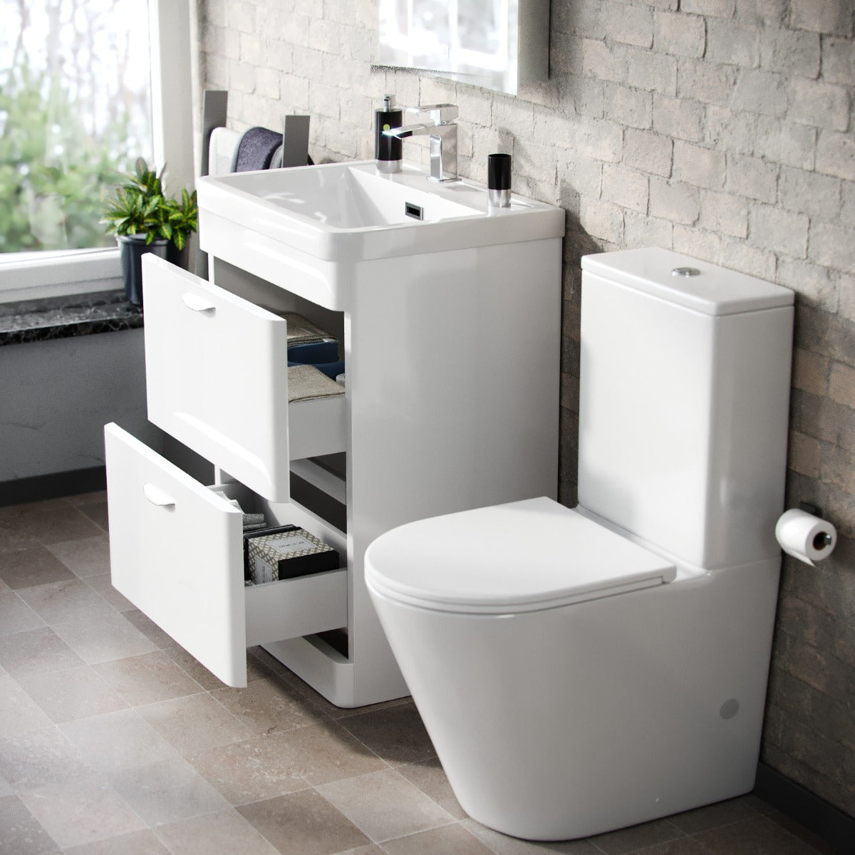 Wyke 600mm Floorstanding 2 Drawer Vanity And Curved Close Coupled Toilet White