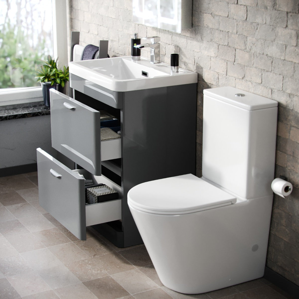 Wyke 600mm Floorstanding 2 Drawer Vanity And Curved Close Coupled Toilet Grey