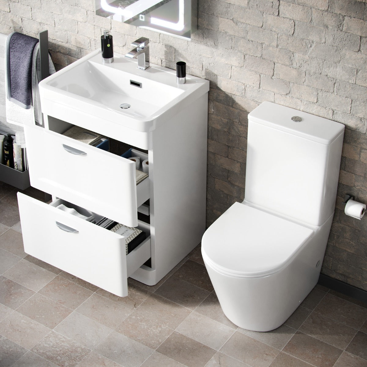 Wyke 600mm Floorstanding 2 Drawer Vanity And Curved Close Coupled Toilet White