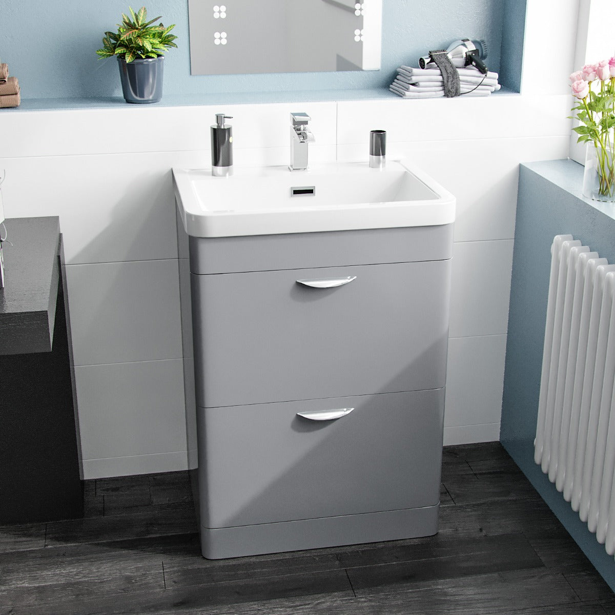 Wyke 600mm 2 Drawer Grey Freestanding Vanity Cabinet With Basin Sink