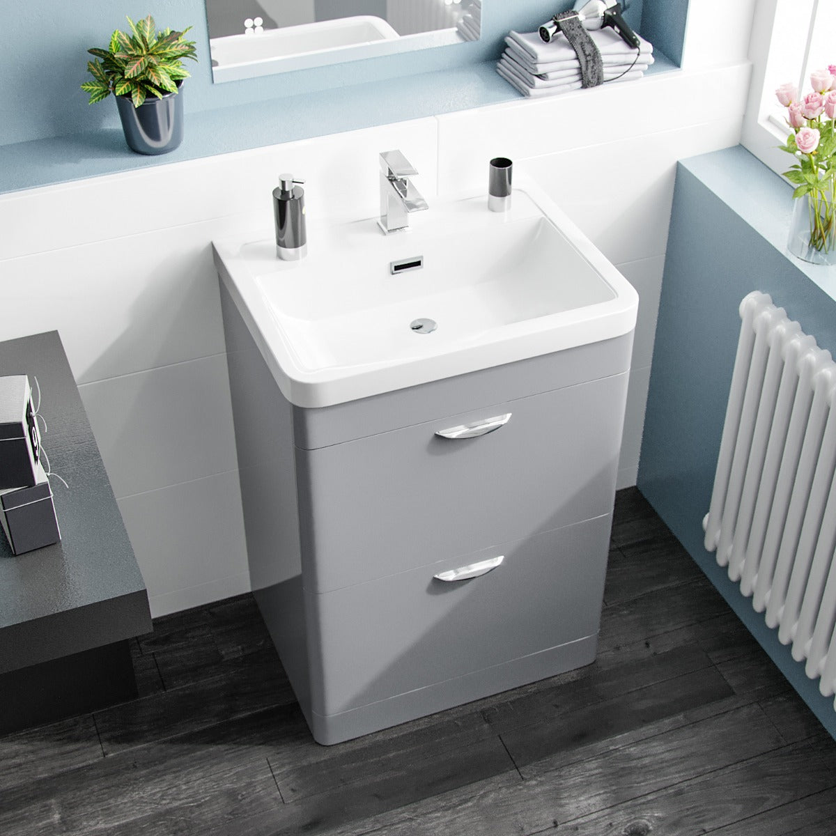 Wyke 600mm 2 Drawer Grey Freestanding Vanity Cabinet With Basin Sink