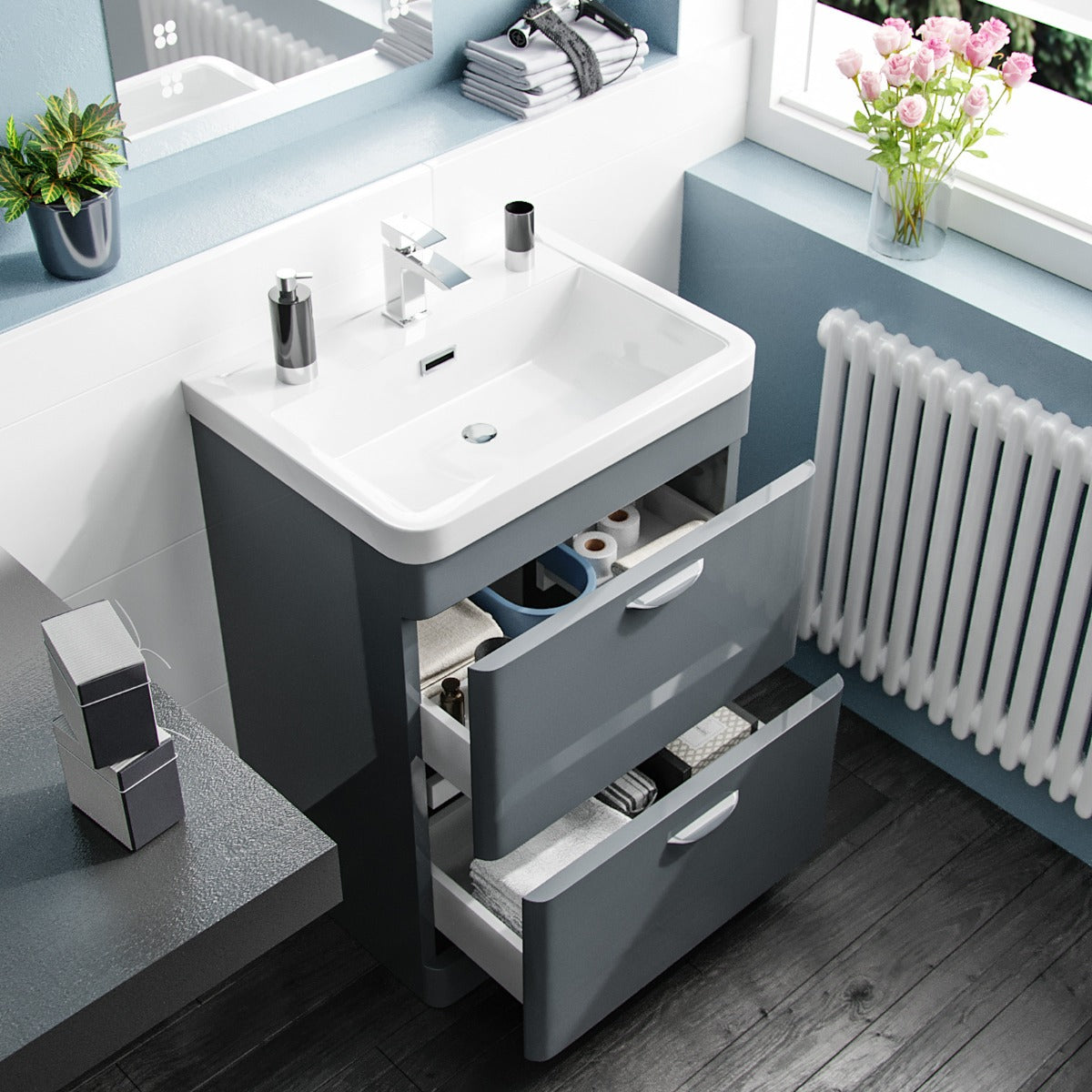 Wyke 600mm Floorstanding 2 Drawer Vanity, WC Unit & Modern BTW Toilet Dark Grey