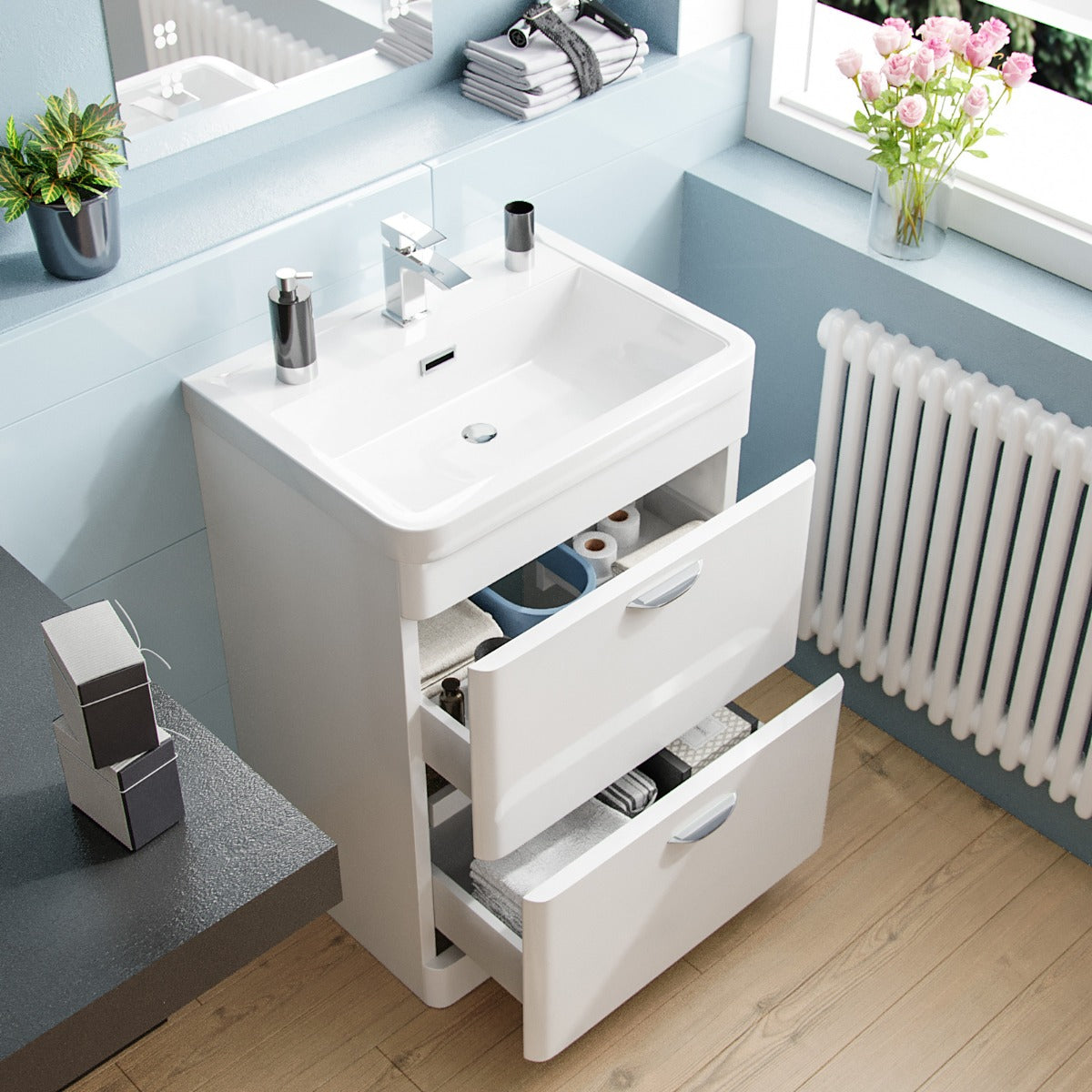 Wyke 600mm Floor Standing 2 Drawer Vanity, WC Unit & BTW D-Shape Toilet White