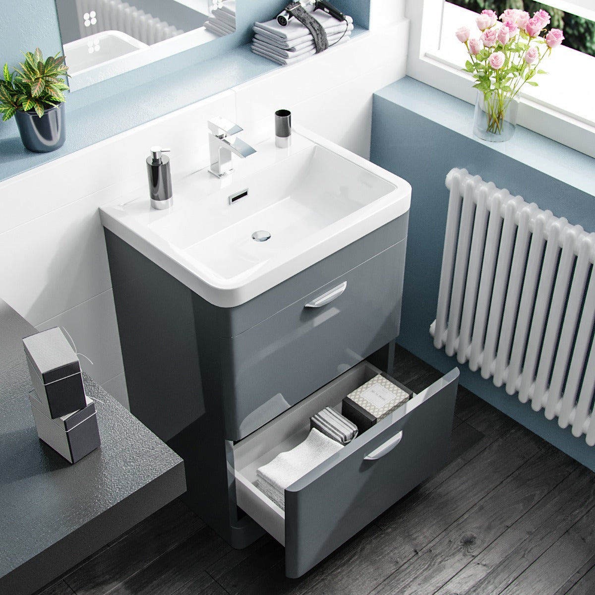 Wyke 600mm Floorstanding 2 Drawer Vanity, WC Unit & Modern BTW Toilet Dark Grey