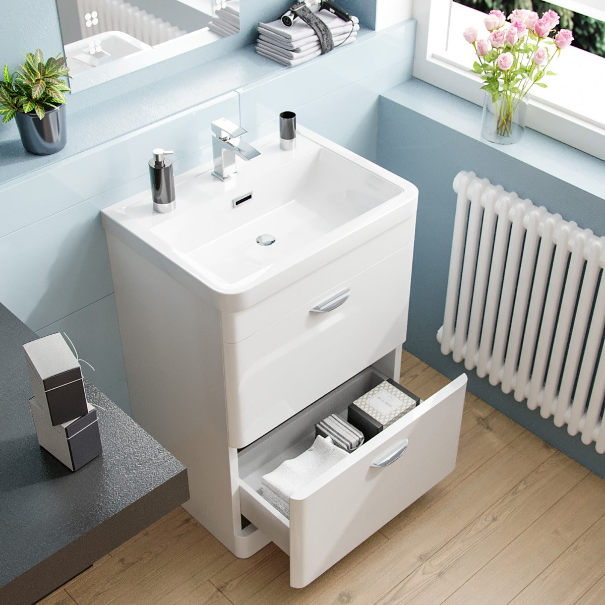 Wyke 600mm Floor Standing 2 Drawer Vanity, WC Unit & BTW D-Shape Toilet White