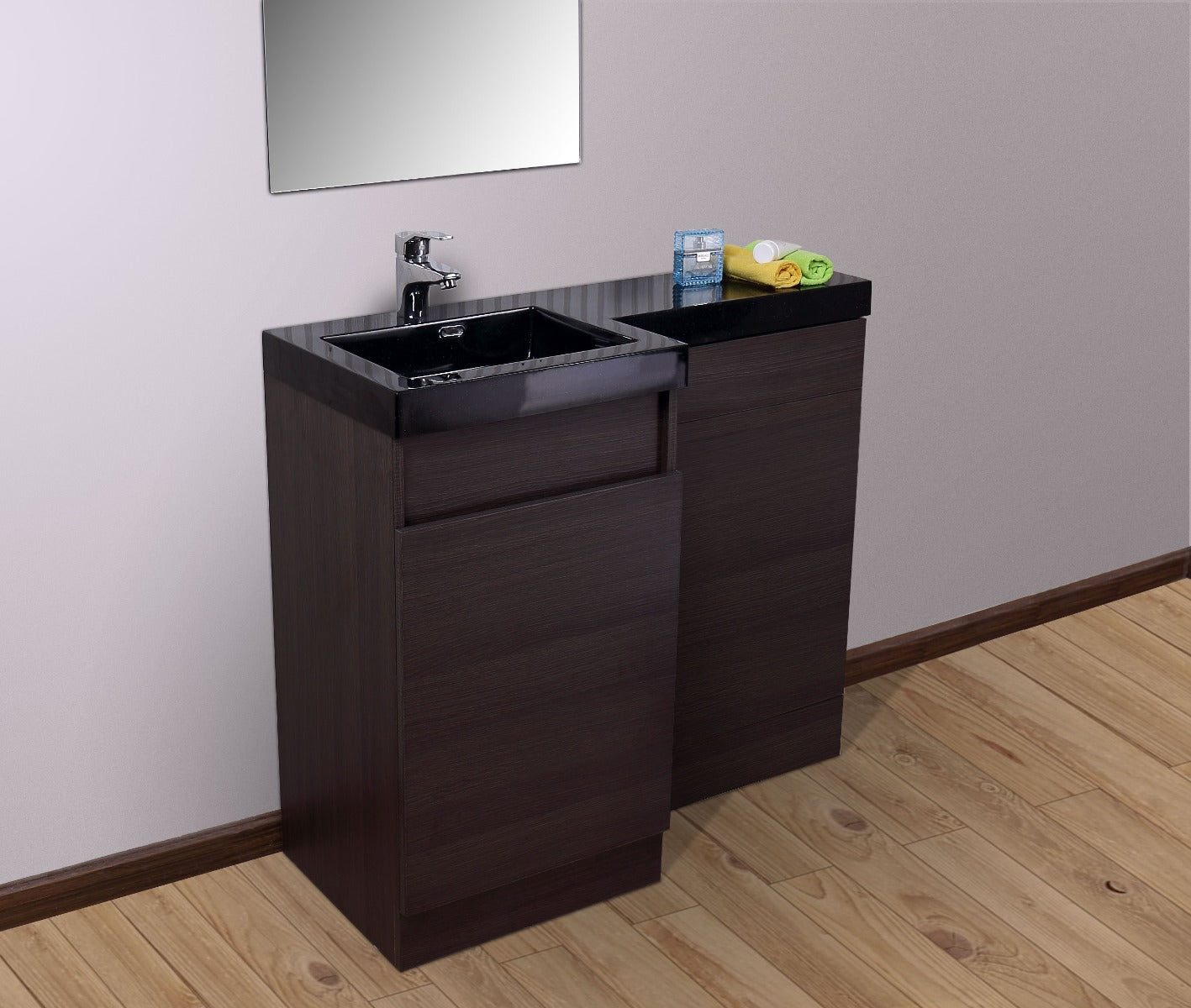 Zurzal 1000mm RH Black Basin Vanity Unit & Welbourne Back To Wall Toilet Oak