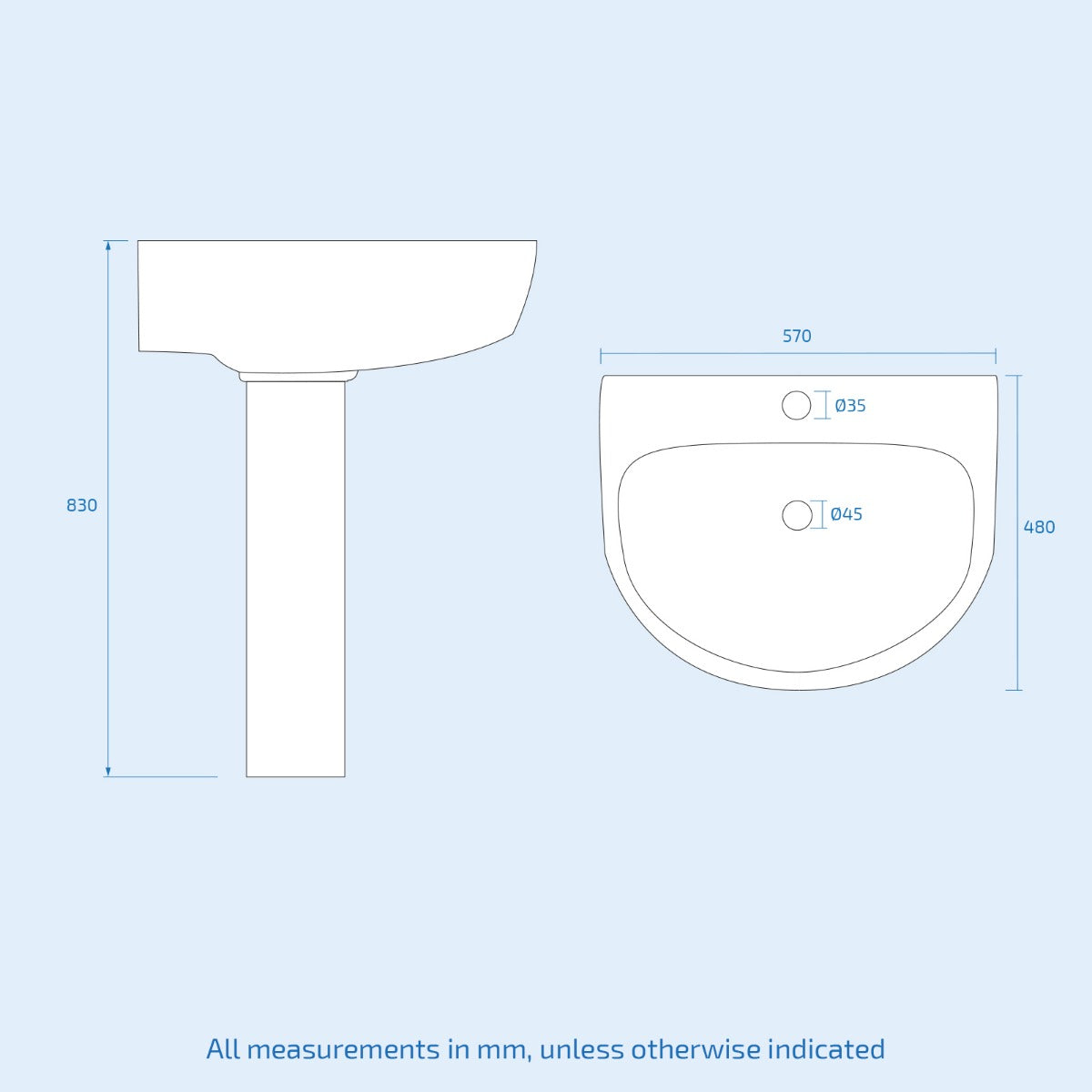 Rimless Toilet with 570 mm Full Pedestal Basin