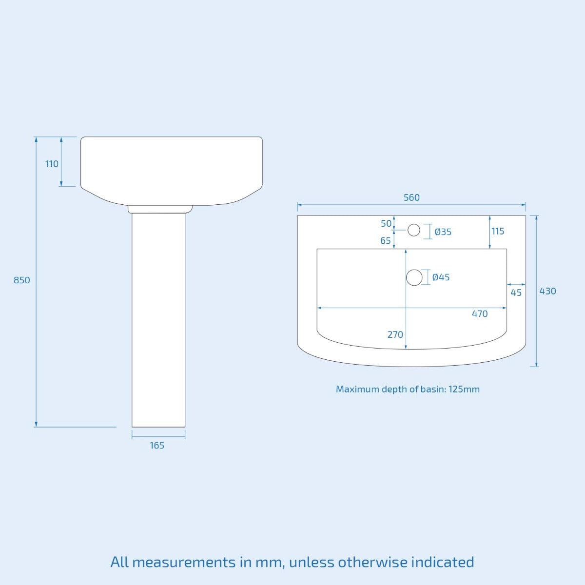 Rimless Toilet with 560 mm Full Pedestal Square Basin