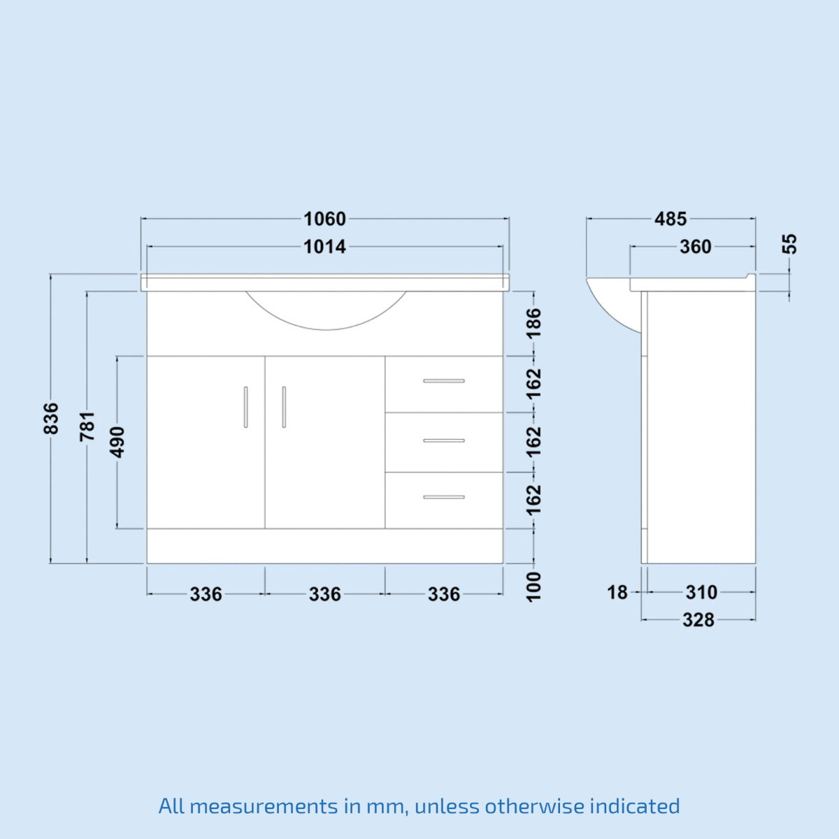 Ellen 1050mm Floor Standing 2 Door Basin Vanity Unit White