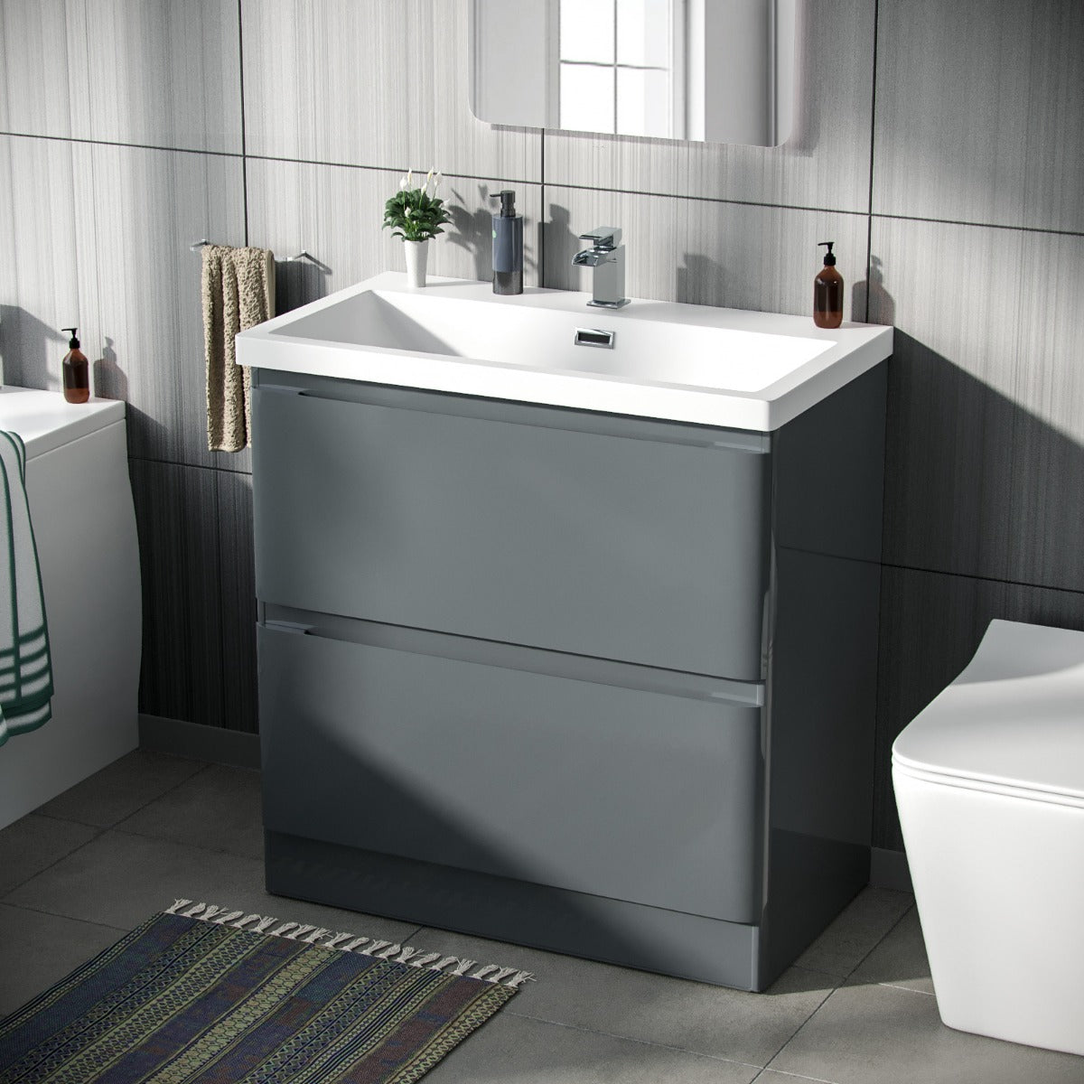 Alaska 800mm 2-drawer Freestanding Grey Vanity Cabinet Basin Sink Unit